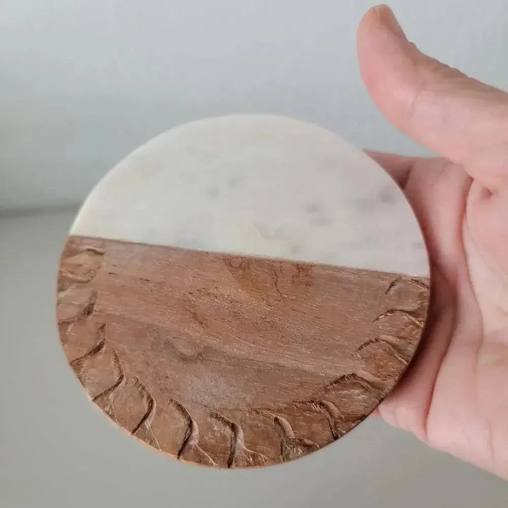 Handmade Marble and Wood Round Coaster Set of 2 Acacia Wood White Marble